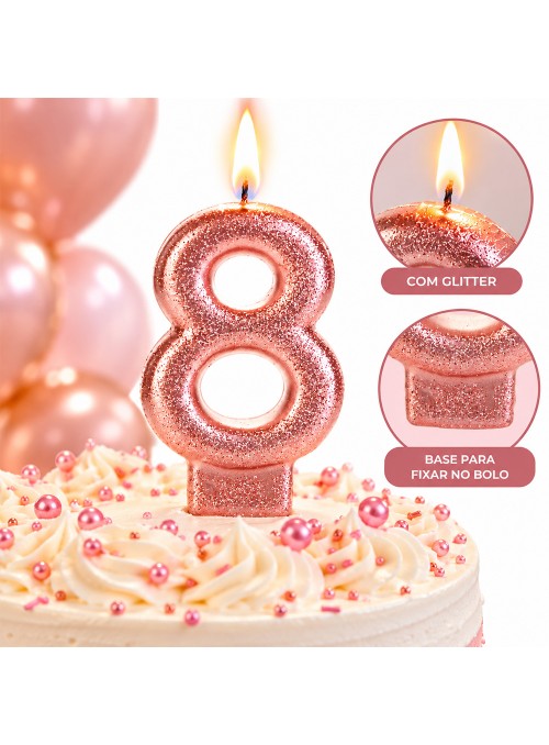 Vela de Aniversário Número 8 Rose Gold Glitter Silver Festas