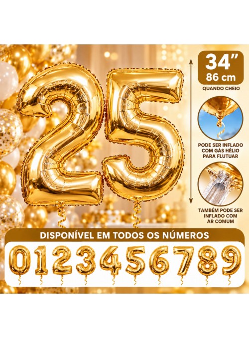 Balões Metalizados Dourado Números Tamanho M