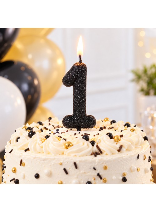 Vela De Aniversário Número 1 Glitter Preto 14,5cm Velas Aniversário