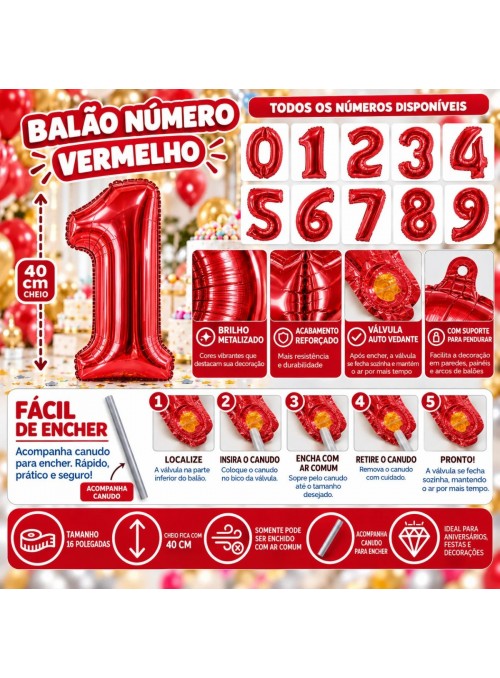 1 Unidade Balão Metalizado Número Vermelho 16 Polegadas 40cm Números a Escolher