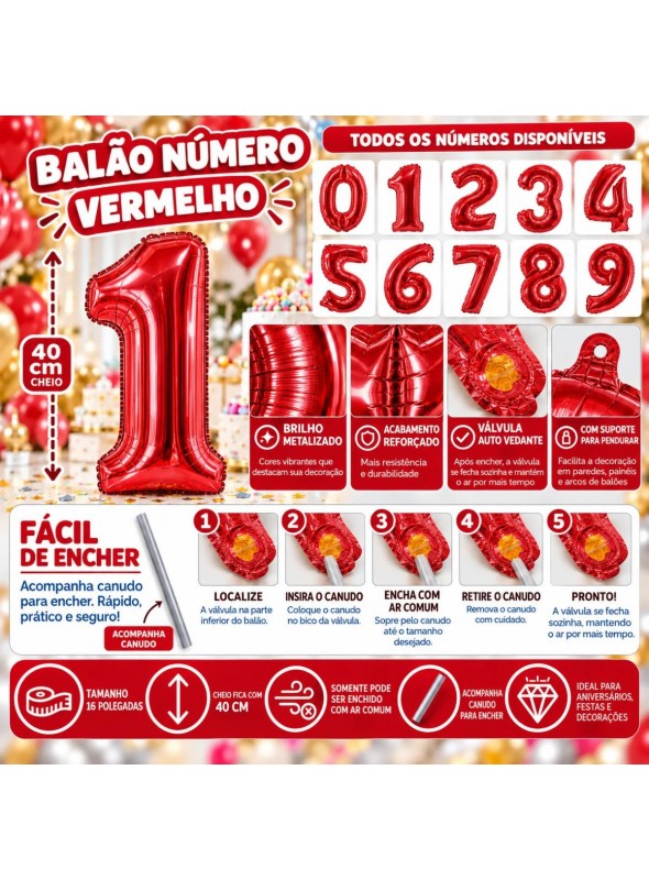 1 Unidade Balão Metalizado Número Vermelho 16 Polegadas 40cm Números a Escolher