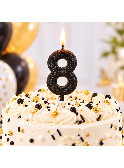 Vela De Aniversário Número 8 Glitter Preto 14,5cm Velas Aniversário