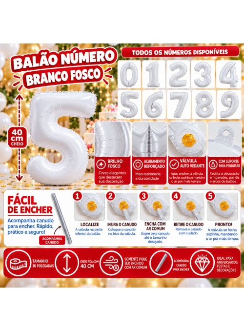 2 Unidades Balão Metalizado Número Branco 16 Polegadas 40cm Números a Escolher