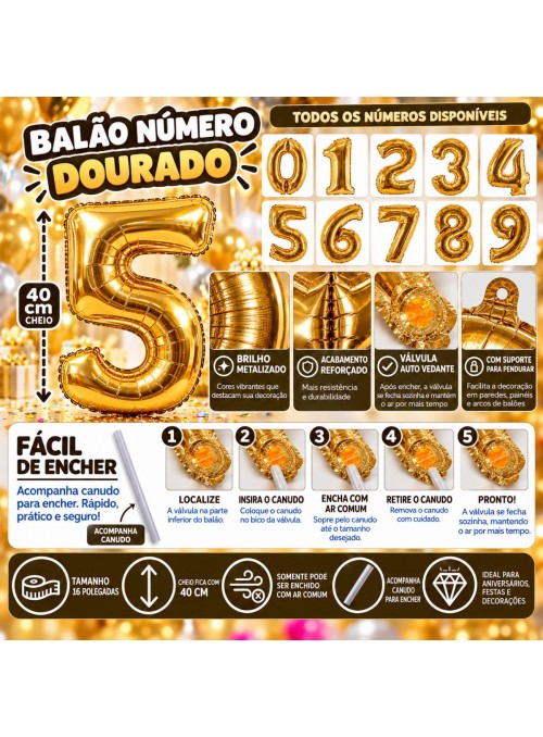 Balões Metalizados Dourado Números Tamanho P