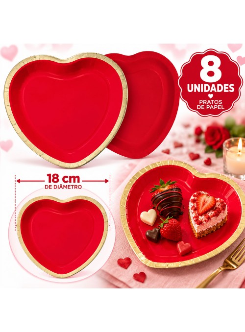 Prato de Papel Coração Vermelho 18cm Dia dos Namorados Cromus 8 Unidades