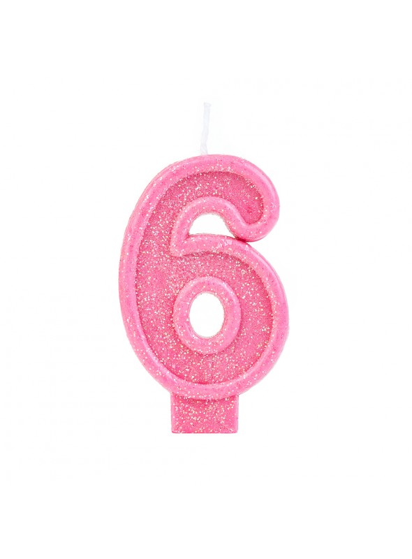 Vela de Aniversário Número 6 Glitter Rosa – 1 unidade
