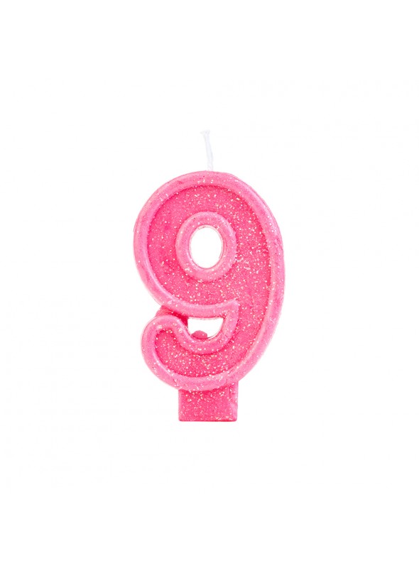 Vela de Aniversário Número 9 Glitter Rosa – 1 unidade