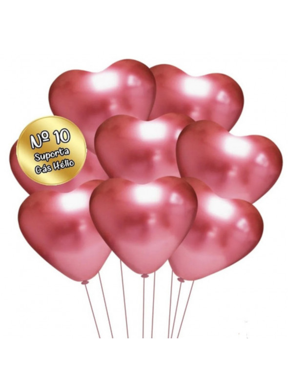 Balão de Látex Coração Cromado Platino Vermelho 25cm 25 Unidades