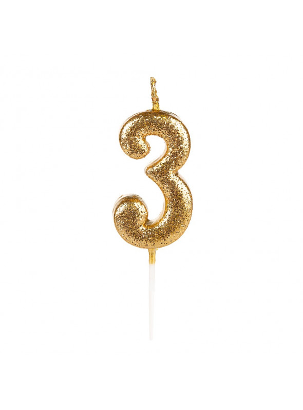 Vela de Aniversário Número 3 Glitter Dourado 4,5cm