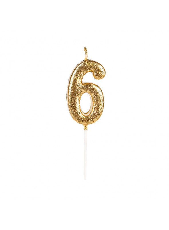Vela de Aniversário Número 6 Glitter Dourado 4,5cm
