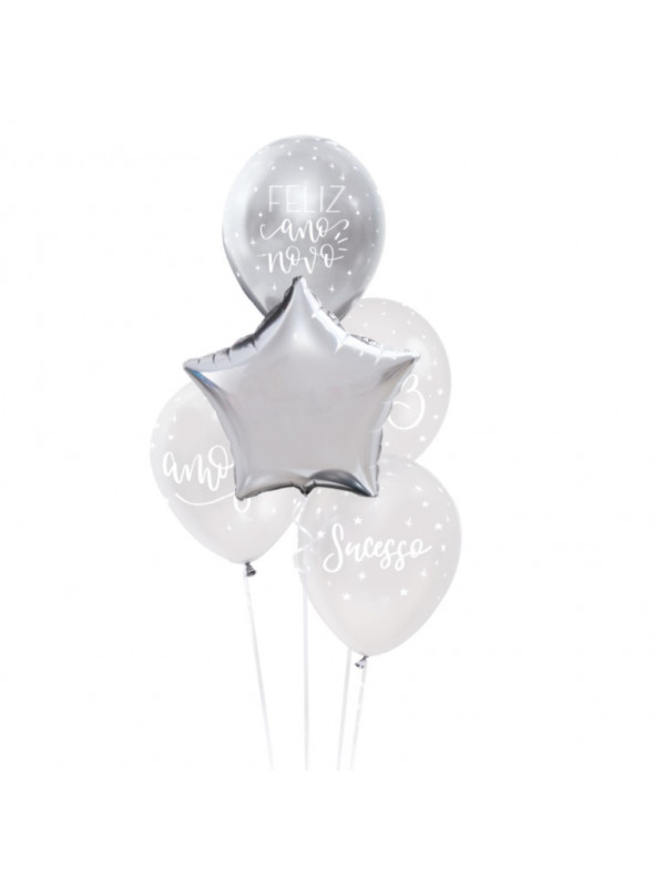 Kit Bouquet de Balões Feliz Ano Novo Prata Cromus Balloons