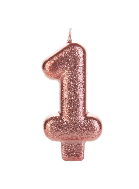 Vela de Aniversário Número 1 Rose Gold Glitter Silver Festas