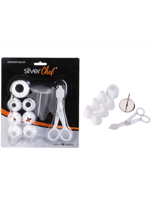 Kit Confeitaria Bicos Adaptador Tesoura Base para Flor Silver Chef