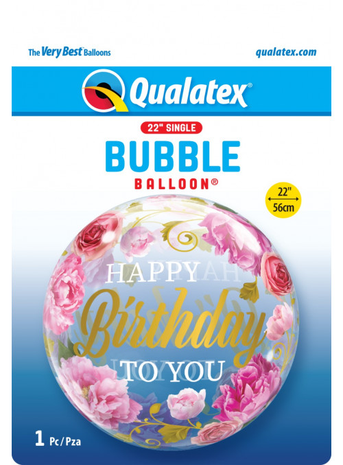 Balão Bubble Feliz Aniversário Flores Peônias Rosas 22 Polegadas 56cm Qualatex