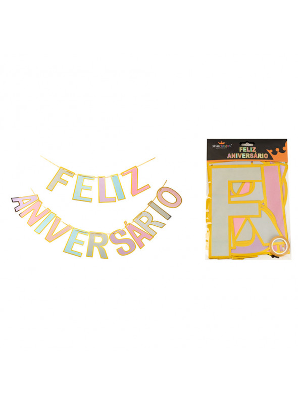 Faixa Decorativa Feliz Aniversário Colorido Pastel 4,0 Metros Silver Festas