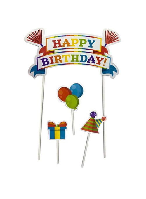 Topo de Bolo Cake Topper Aniversário Happy Birthday Colorido Nc Toys 4 Unidades
