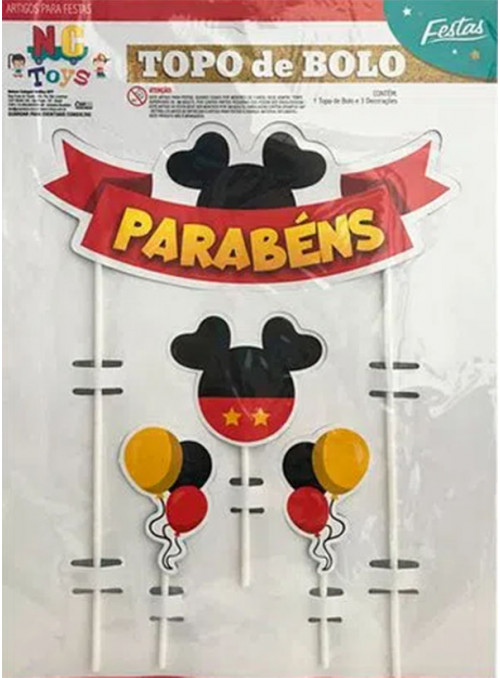 Topo de Bolo Cake Topper Aniversário Orelha Mickey Nc Toys 4 Unidades