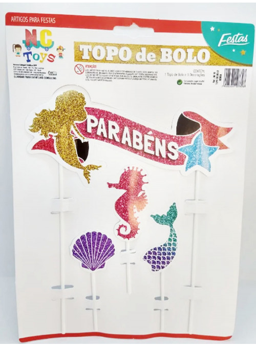 Topo de Bolo Cake Topper Aniversário Sereia Nc Toys 4 Unidades