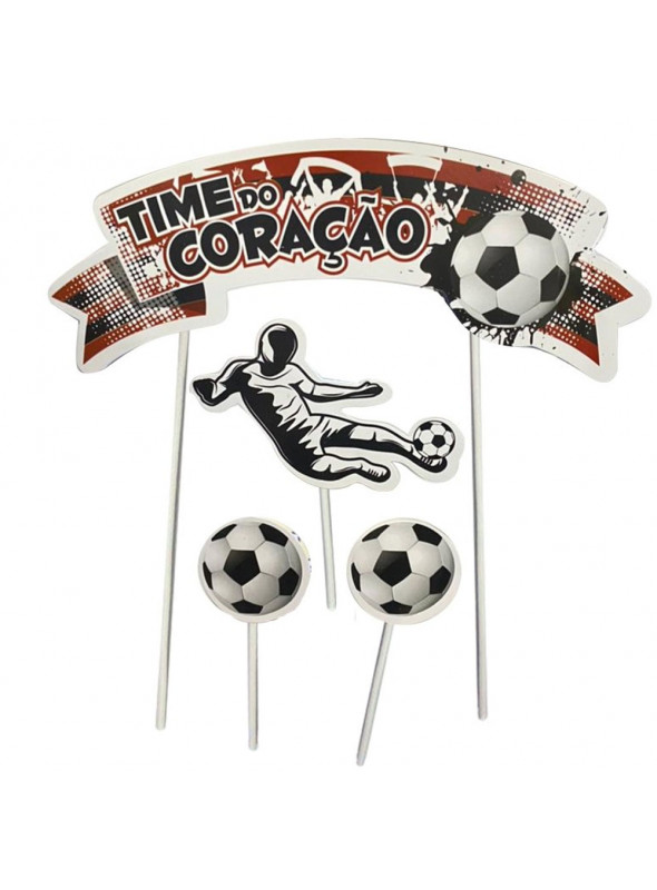 Topo de Bolo Cake Topper Aniversário Futebol Vermelho e Preto Nc Toys 4 Unidades