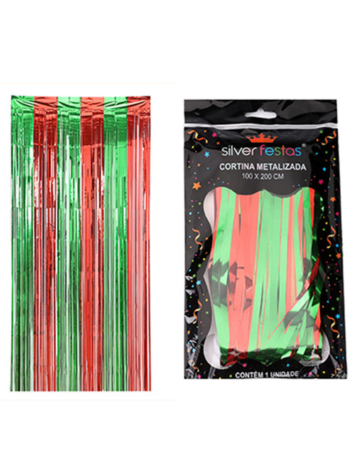 Cortina Metalizada Verde e Vermelha Natal 1m x 2m Decoração de Festa Silver Festas