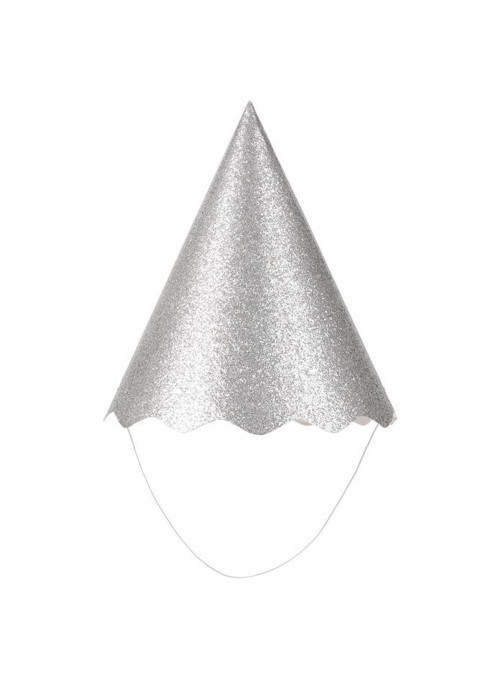 Chapéu de Aniversário Papel Prata Metalizado Glitter Silver Festas 8 Unidades