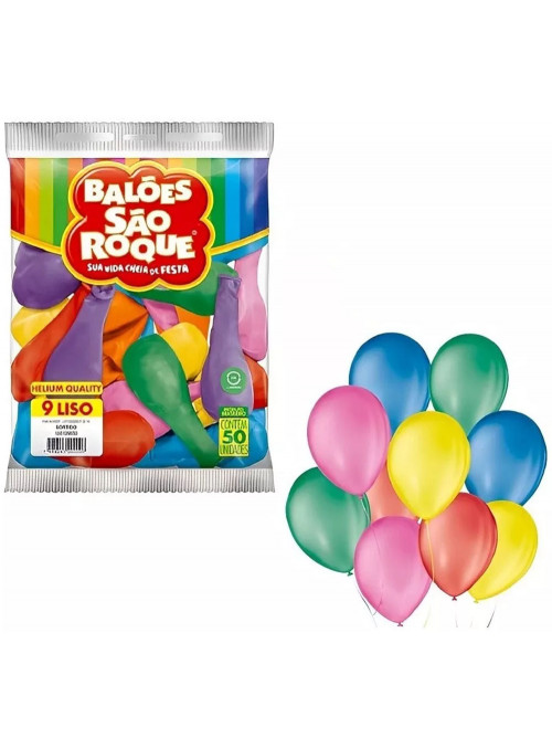 Balão de Látex Colorido Sortido 9 Polegadas 23cm São Roque 50 Unidades