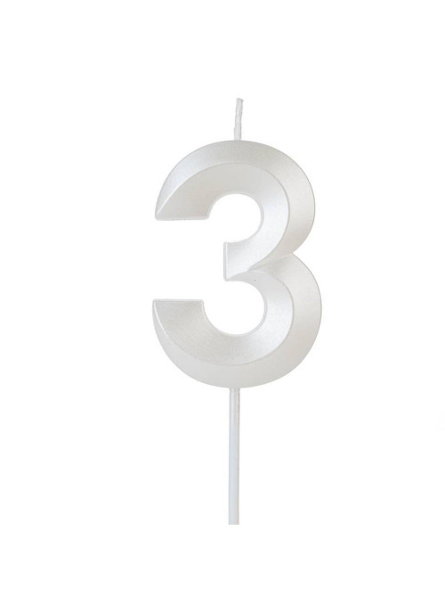 Vela de Aniversário Design Número 3 Branca Perolizada Silver Festas