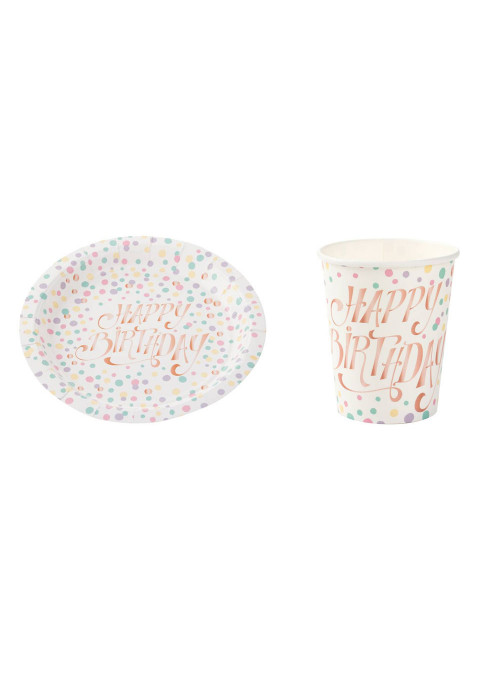 Prato e Copo de Papel Happy Birthday Candy Colors Silver Festas 10 Unidades de Cada