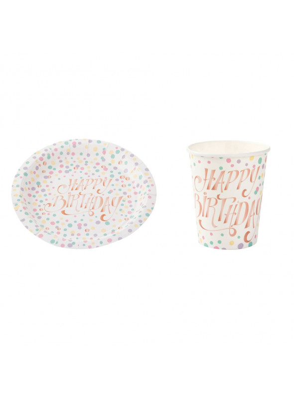 Prato e Copo de Papel Happy Birthday Candy Colors Silver Festas 10 Unidades de Cada