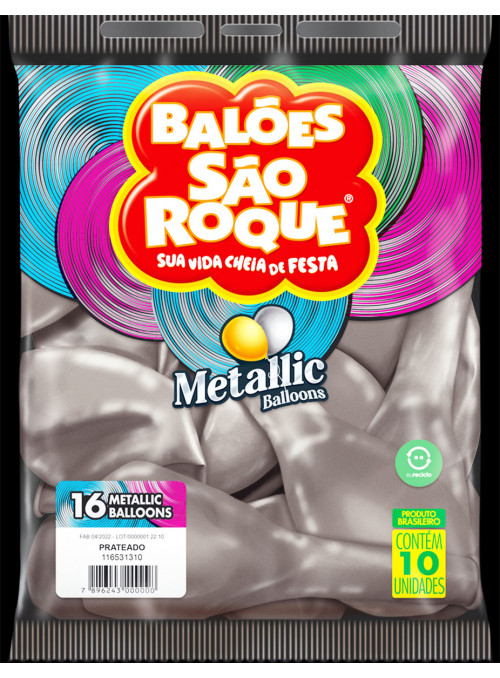 Balão de Látex Prata Metallic 16 Polegadas 40cm São Roque 10 Unidades