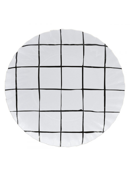 Prato de Papel Grid Preto e Branco 18cm Mesa Festa 5 Unidades