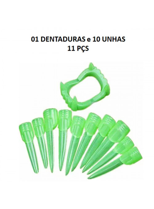 Kit Dentadura e Unhas de Bruxa Neon Festa Halloween Bazar 11 Peças