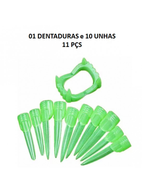 Kit Dentadura e Unhas de Bruxa Neon Festa Halloween Bazar 11 Peças