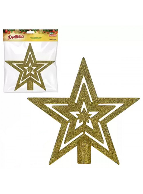 Ponteira Árvore de Natal Estrela Glitter Dourada 18cm