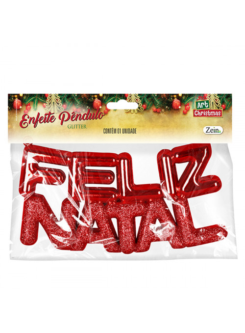 Enfeite para Pendurar Feliz Natal Vermelho Glitter 19,5cm Art Christmas