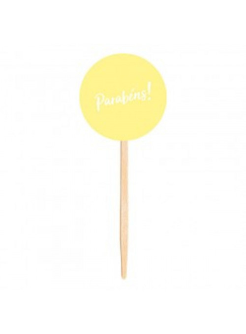 Topo para Cupcake Pick Toppers Parabéns Amarelo Candy 10 Unidades