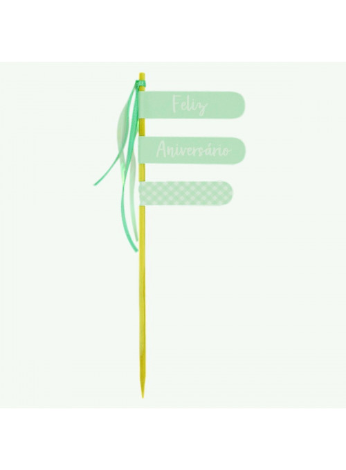 Topo para Bolo Feliz Aniversário Verde Claro e Branco Tem Festejo