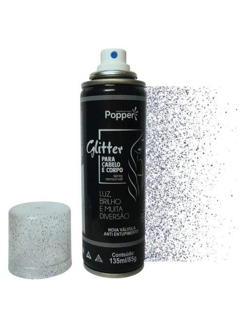 Spray Glitter para Cabelo e Corpo Prata 135ml Carnaval Popper