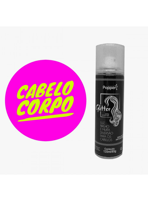 Spray Glitter para Cabelo e Corpo Prata 135ml Carnaval Popper