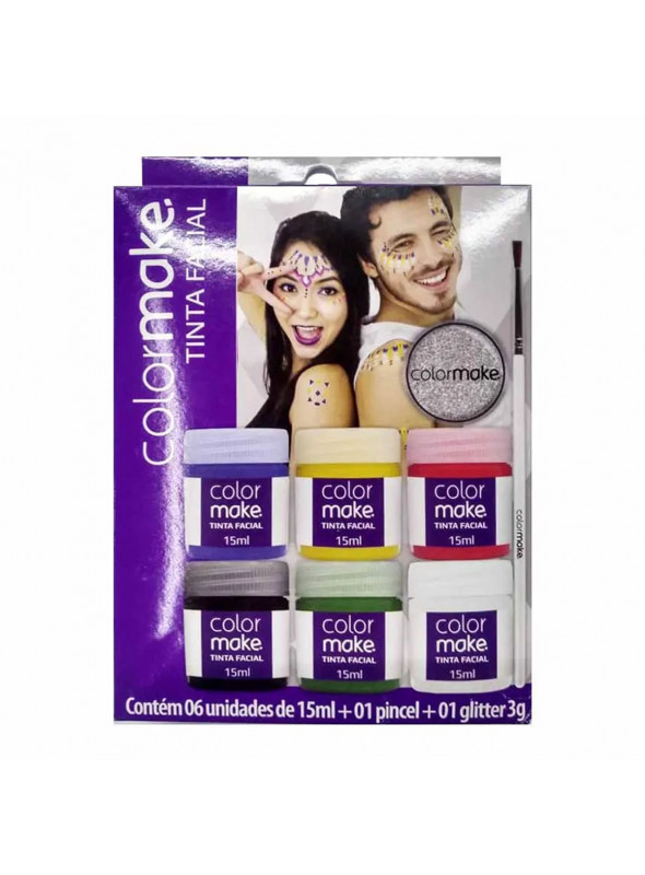 Kit Tinta Facial Colormake 6 Tintas + 1 Pincel + 1 Glitter