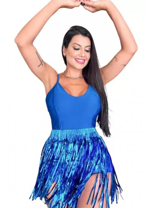 Saia Metalizada Franja Azul Carnaval 40cm