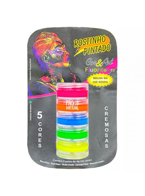 Tinta Maquiagem Facial Festa Neon Brilha na Luz Negra 5 Cores