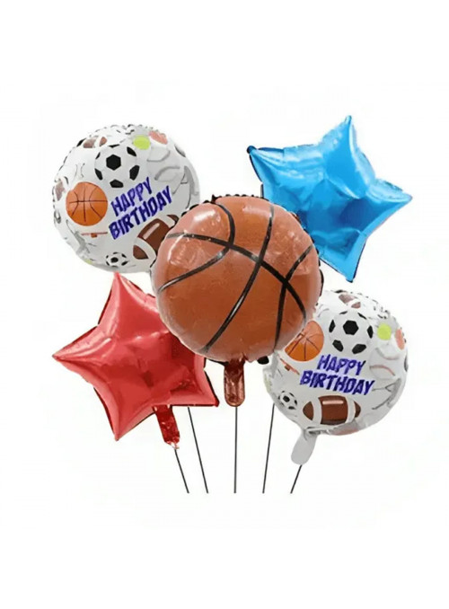 Kit Balões Metalizados Basquete Estrelas Aniversário Ponto das Festas 5 Unidades