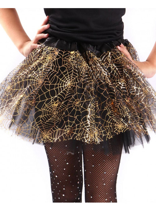 Fantasia Saia 3 Camadas Preta com Teias de Aranha Dourada Metalizada 40cm Halloween