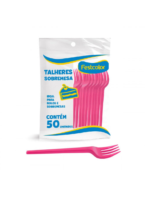 Garfo de Plástico Sobremesa Rosa Pink 50 Unidades Descartáveis de Festa