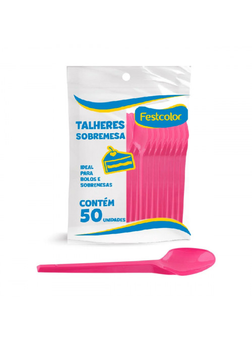 Colher de Plástico Sobremesa Rosa Pink 50 Unidades Festcolor Descartáveis de Festa