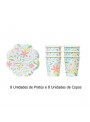 Prato e Copo de Papel Festa Flores 8 Unidades de Cada