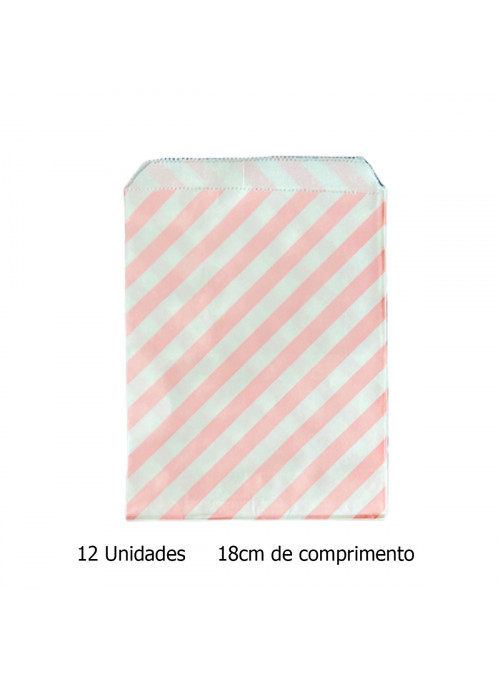 Saquinhos de Papel Rosa Claro Listras Oblíquo 12 Unidades