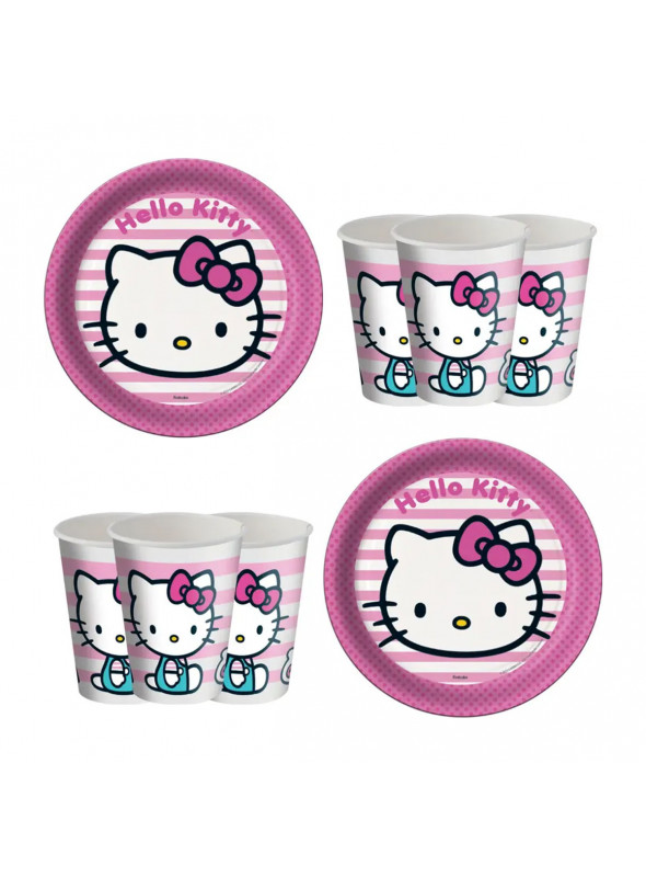 Prato e Copo de Papel Festa Hello Kitty Kit 8 Pratos e 8 Copos